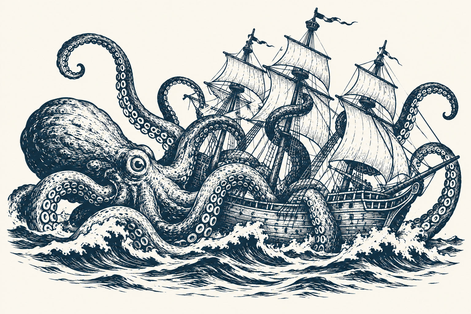 Navy line drawing of a Kraken curling around a tall sailing ship