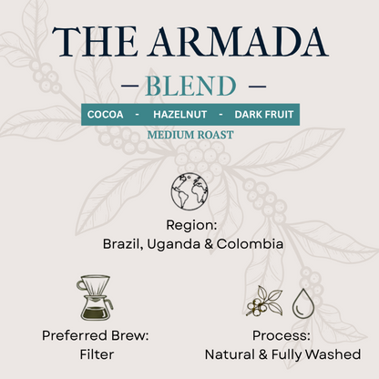 Coffee blend information for 'The Armada Blend' with details on ingredients, region, brewing method, and process.