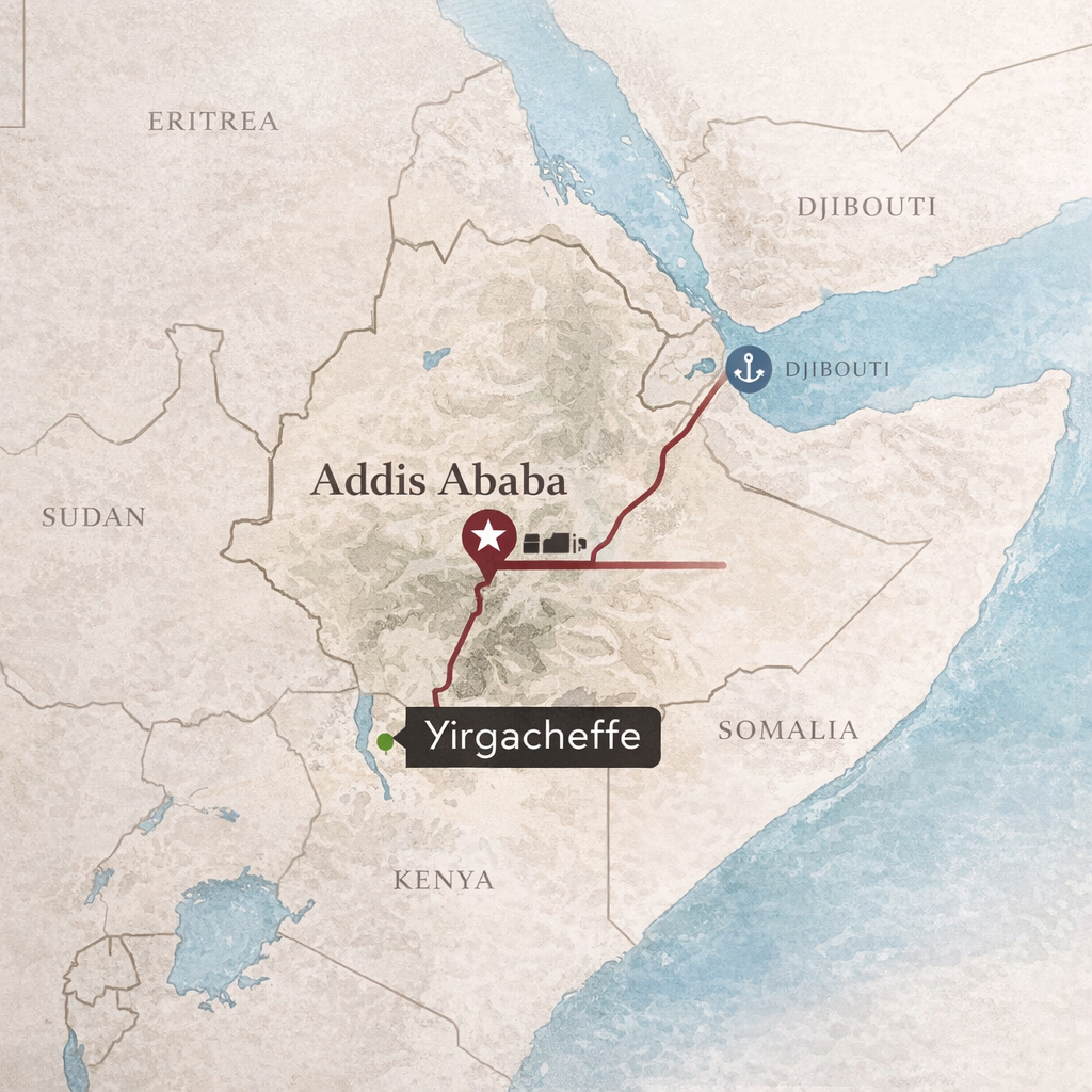 Map of Ethiopia with Addis Ababa and Yirgacheffe highlighted