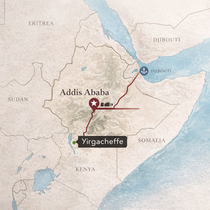 Map of Ethiopia with Addis Ababa and Yirgacheffe highlighted