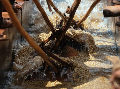 Close-up of a traditional coffee washing mill with wooden components and green coffee being processed.