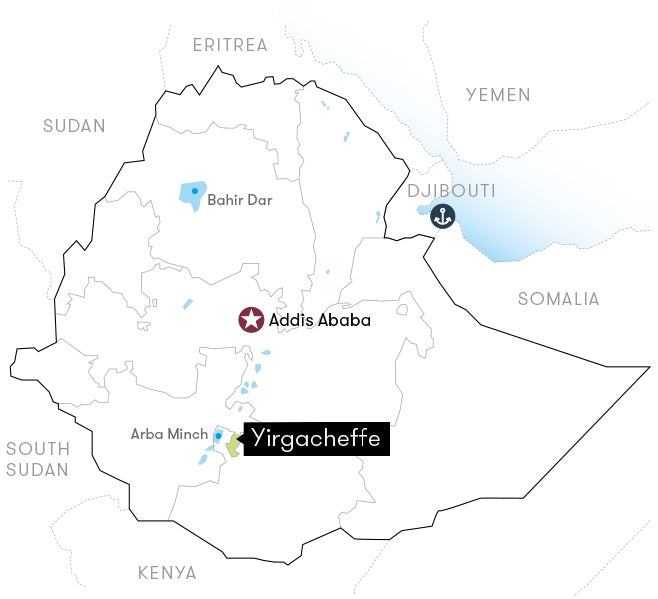 A minimalist map of Ethiopia with labeled neighboring countries and regions, highlighting Addis Ababa, Djibouti, Bahir Dar, Arba Minch, and Yirgacheffe with small icons.