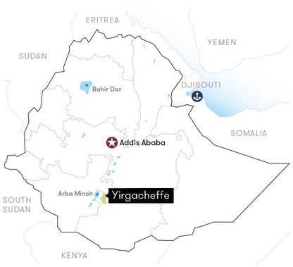 A minimalist map of Ethiopia with labeled neighboring countries and regions, highlighting Addis Ababa, Djibouti, Bahir Dar, Arba Minch, and Yirgacheffe with small icons.