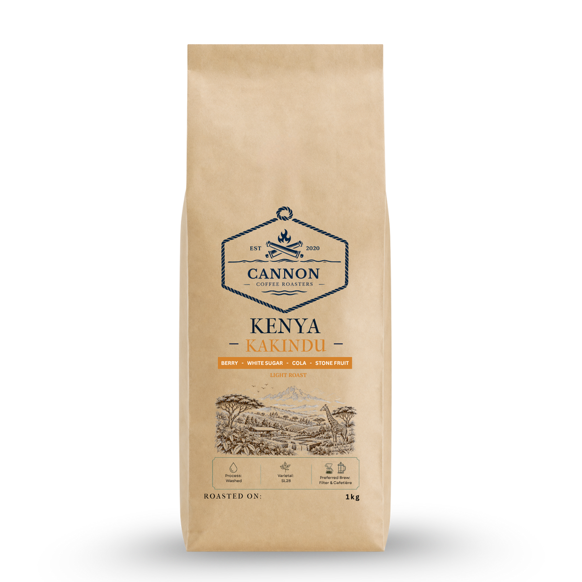 A 1kg bag of Cannon Central Estate Kenya Kakindu coffee on a white background. The packaging is a natural kraft paper bag with a blue and orange logo and illustration.