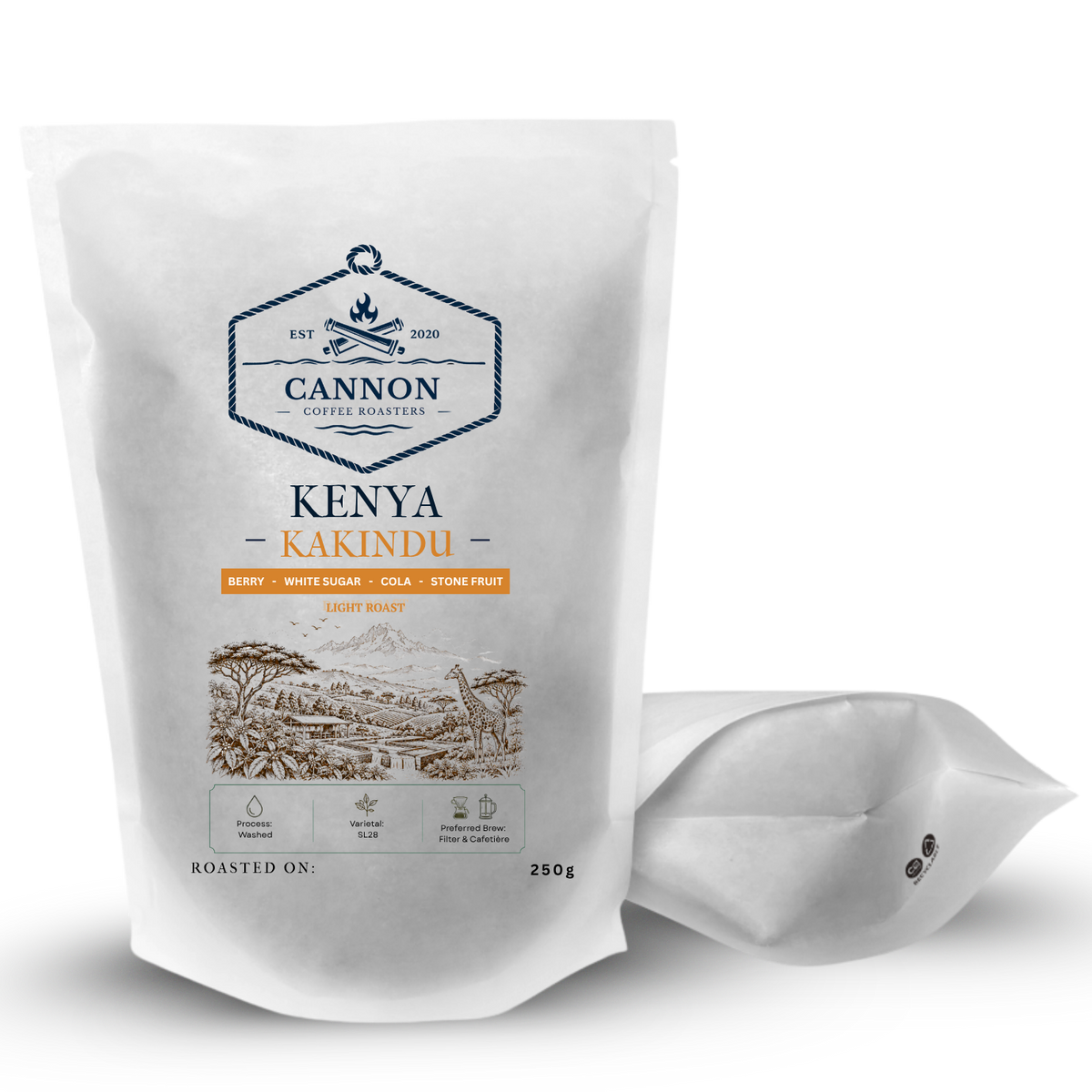 A white stand-up pouch of Cannon Coffee Roastery Zambia Kateshi light roast coffee beans, with a single coffee bean visible in a small clear bag in the foreground, on a white background.