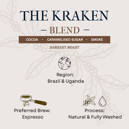 Coffee blend description card for 'The Kraken Blend' with coffee-related graphics and text.