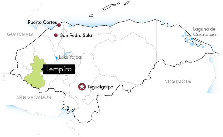A map of Costa Rica highlighting the Lempira region in green, with labeled cities including Puerto Cortes, San Pedro Sula, Laguna de Carataska, Lake Yojao, Tegucigalpa, and San Salvador.