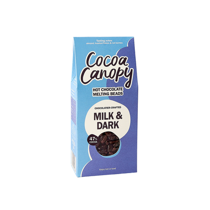 Cocoa Canopy Milk & Dark Chocolate Beads in blue packaging