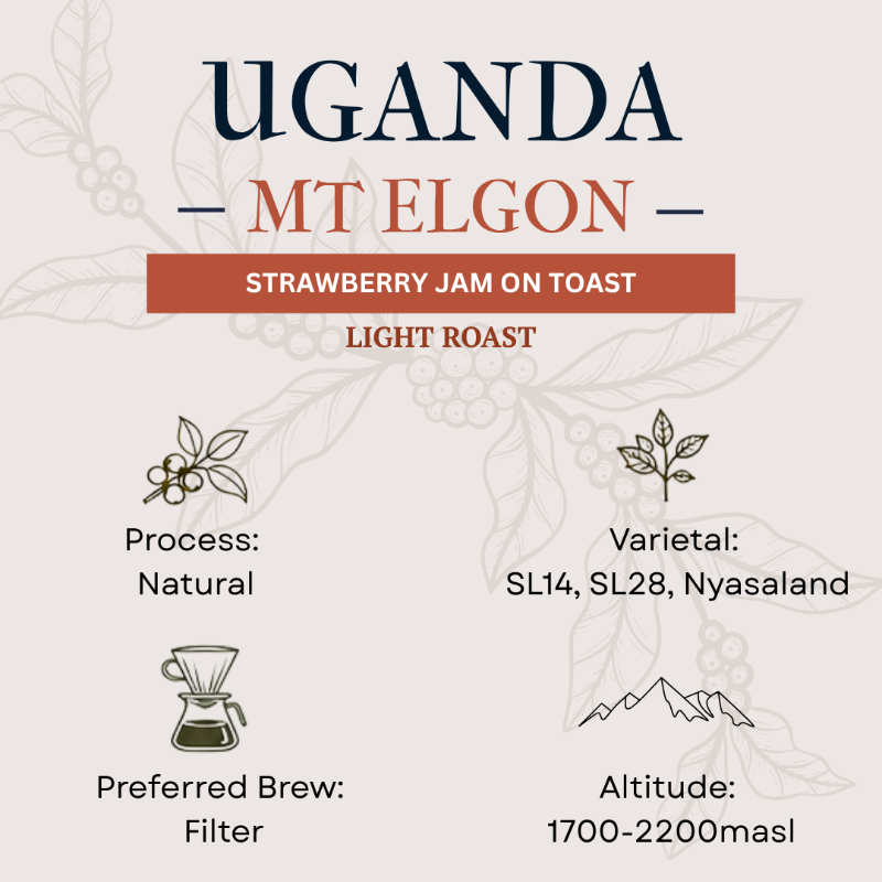 Coffee label for Uganda Mt Elgon with details on process, varietal, altitude, and brewing method.