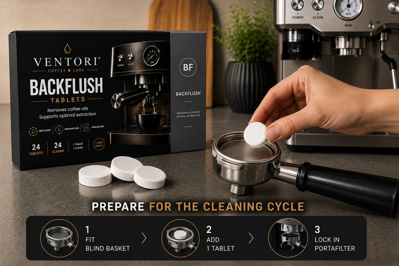 Ventori Backflush Tablets kit shown with its black retail box, several white tablets, a metal portafilter, and a hand placing a tablet into the filter. A coffee machine is blurred in the background, and a usage graphic appears along the bottom.