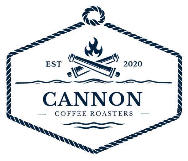 Cannon Coffee Roasters logo with crossed cannons and flame design on a white background