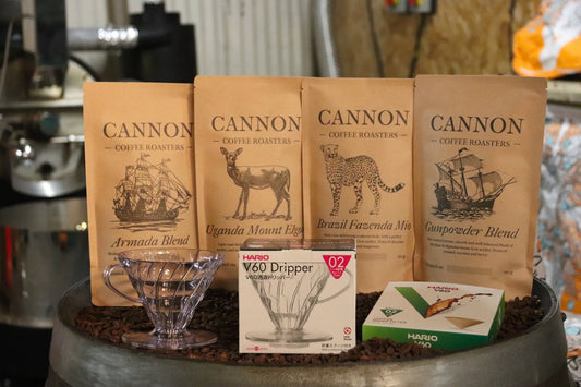 Our famous coffees and a classic V60 dripper with filters